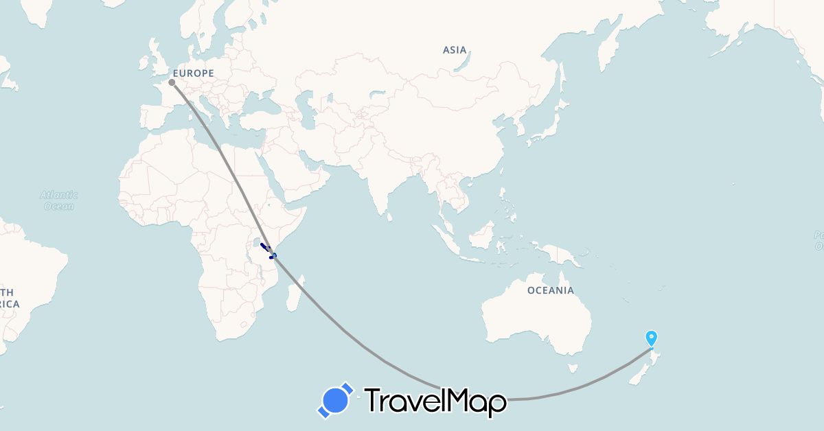 TravelMap itinerary: driving, bus, plane, boat in France, New Zealand, Tanzania (Africa, Europe, Oceania)